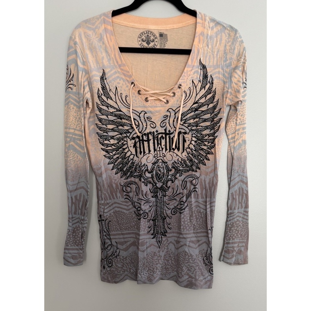 Affliction Nicolette L/S Rhinestone Cross & Wings T-Shirt Women's‎ Size Small